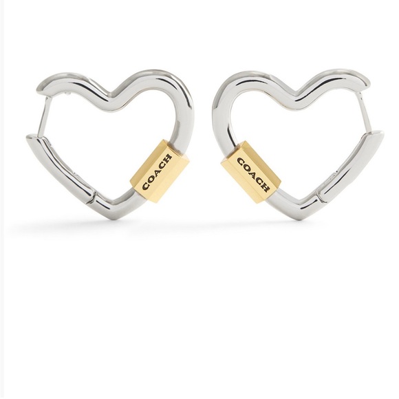 Coach Two-Tone Signature Carabiner Heart Hoop Earrings - Picture 1 of 6
